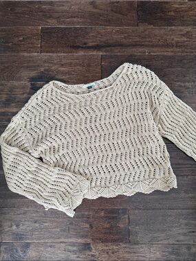 American Eagle Outfitters Beige Open-Knit Off-the-Shoulder Sweater